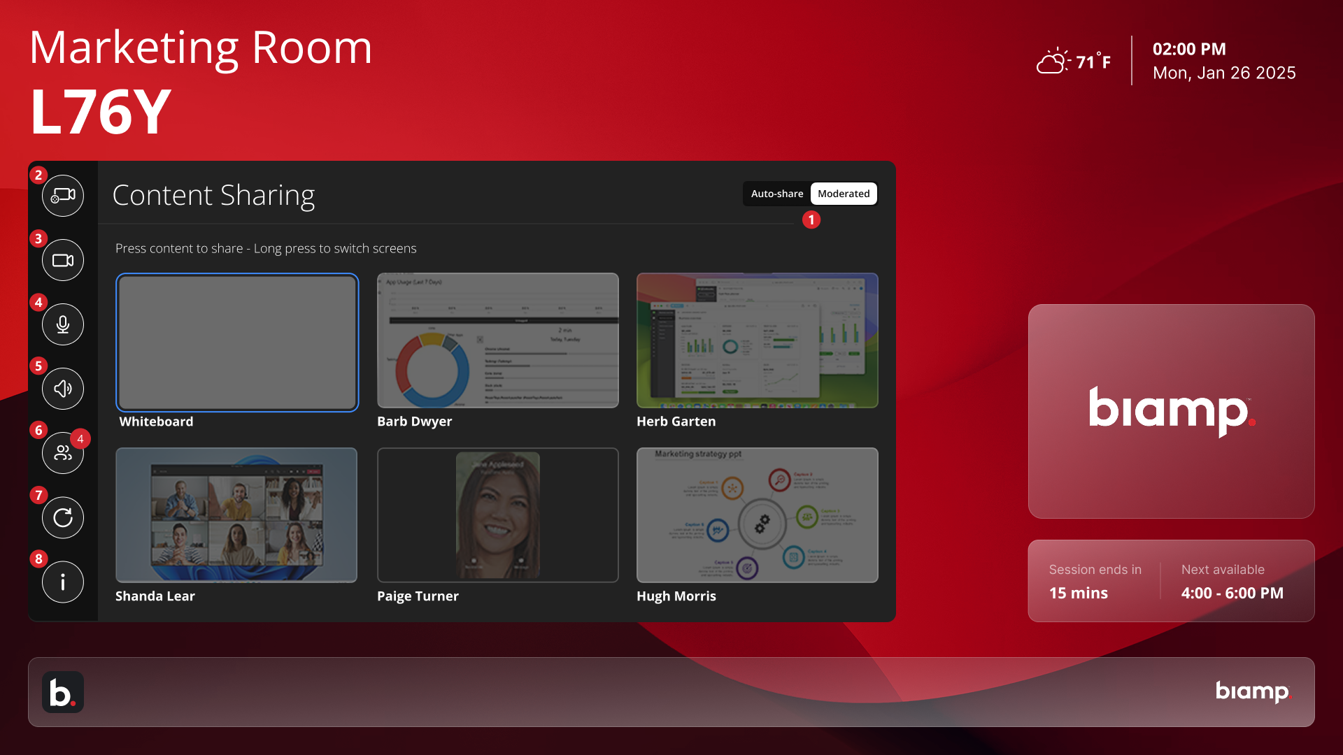 An active room meeting session with controls called out.